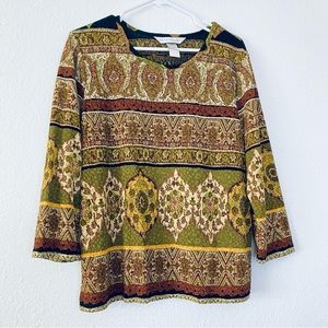 🍓 Napa Valley Stretchy Knit Shimmer Gold Detail Boho 3/4 Sleeves Blouse Large